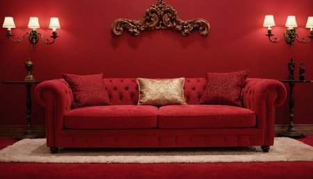 Red velvet sofa with gold pillows on carpet in luxury living roomの素材