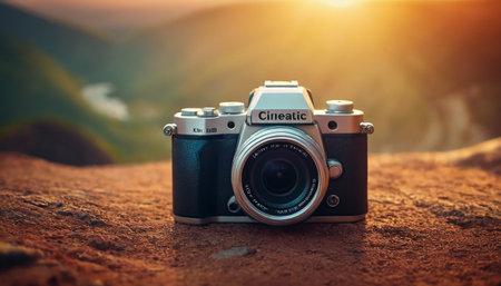 Vintage camera on top of the mountain. Travel concept background.の素材