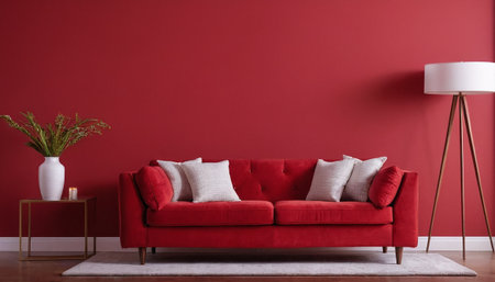 Living room interior with red sofa and lamp. 3d render illustrationの素材