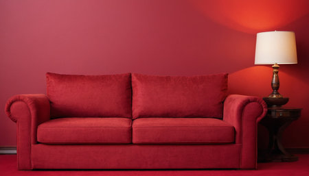 Red sofa and lamp on red wall background. 3d render.の素材