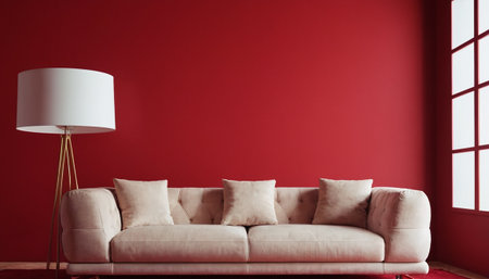 Interior of living room with red wall, sofa and floor lampの素材