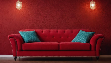 Red sofa with blue pillows in red interior. 3d renderの素材