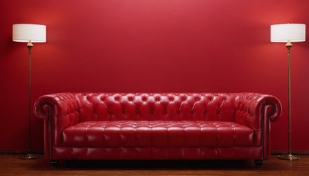 Red leather sofa and floor lamp on red wall background with copy spaceの素材