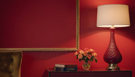 Interior of a hotel room with a red wall and a table lampの素材