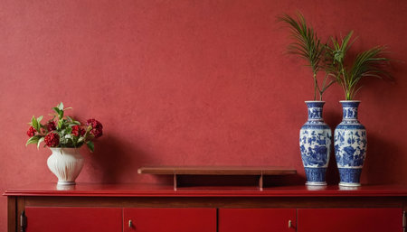Vase with flowers on the chest of drawers against red wallの素材