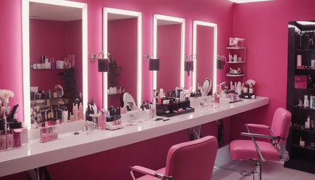 beauty salon interior with pink furniture and mirror, beauty treatment conceptの素材