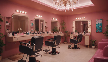 Interior of a beauty salon with lots of makeup and accessories.の素材