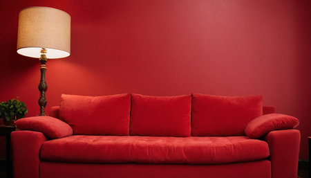 red sofa with lamp on red wall background, interior design concept.の素材