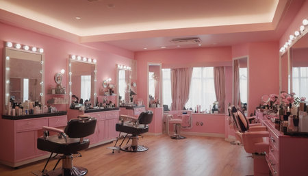 Interior of a beauty salon with pink walls and large mirror.の素材