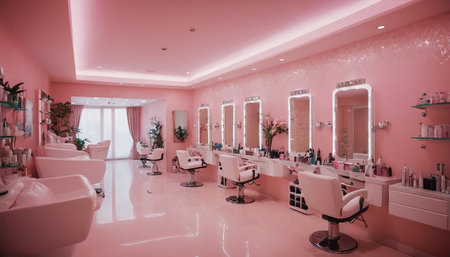 Interior of a modern beauty salon with pink walls and white floorの素材
