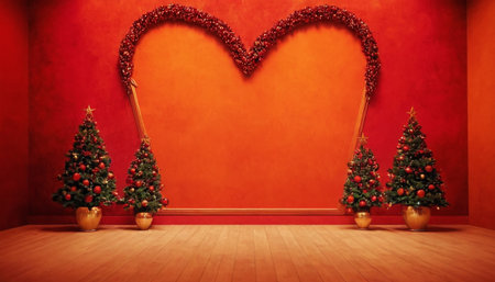 Christmas tree in red room with heart shaped arch - 3d renderingの素材
