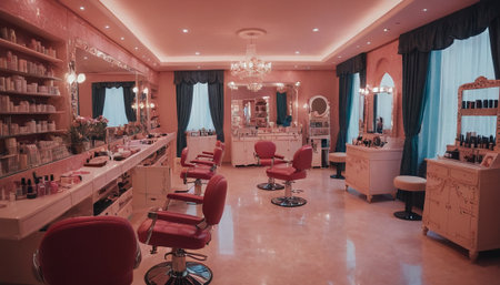 Interior of a beauty salon with red chairs and red chairs.の素材
