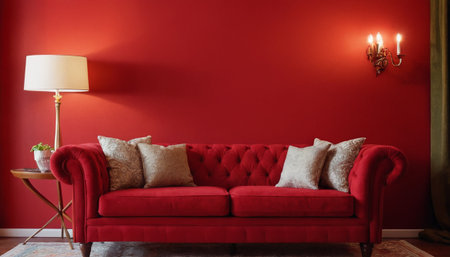 Red living room with a red sofa and a table with a lampの素材