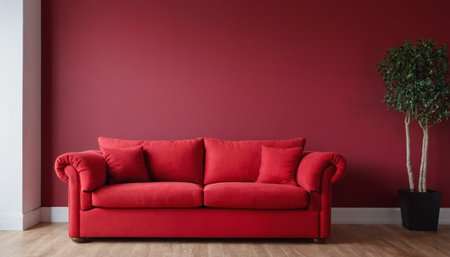 Red sofa in modern living room with red wall and plant in vaseの素材