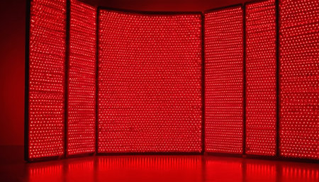 3d render of red led lights on the wall in the roomの素材