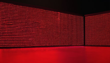 Bright red led lights on a black background. Abstract background for design.の素材
