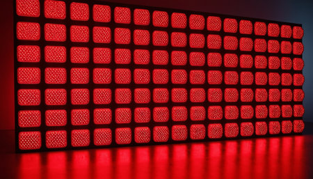 Futuristic red led panel in dark room. 3D renderingの素材