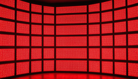 Red wall with LED screen. Abstract background and texture for design.の素材