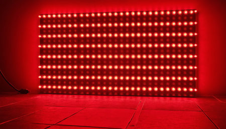 Red wall with led strip, 3d rendering. Computer digital drawing.の素材