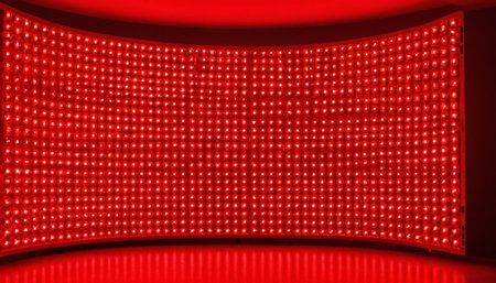 Red LED lights in the interior of a modern building. Abstract backgroundの素材