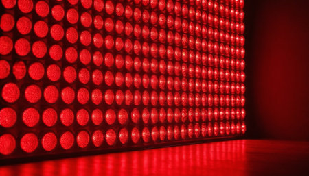 Red LED light on red wall. Abstract background and texture for design.の素材