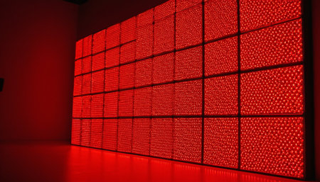 Red wall with LED lights in the room. 3D rendering.の素材