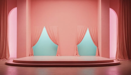 3d rendering of a stage with red curtains and a podium.の素材