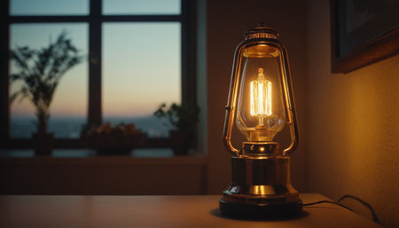 Lantern on a table in a room with a view of the seaの素材