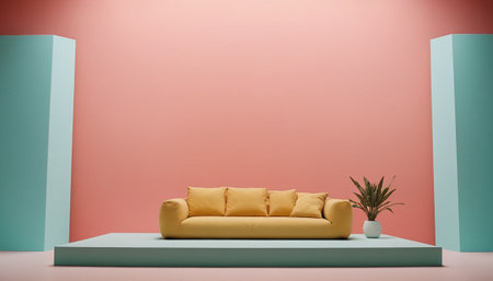 Minimalist living room interior with yellow sofa and plants. 3d renderの素材
