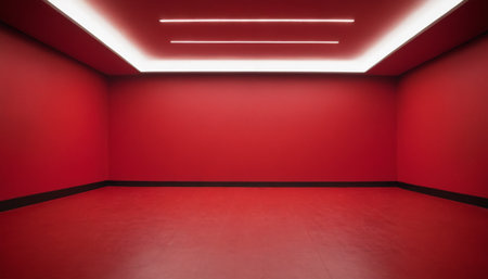 Empty red room with white spotlights on the wall and red floorの素材