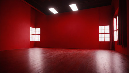 interior of empty room with row of windows, red wall and floorの素材