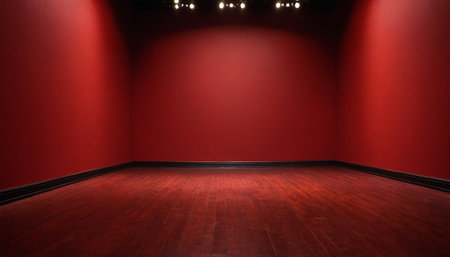 Empty room with red wall and wooden floor, 3d render.の素材