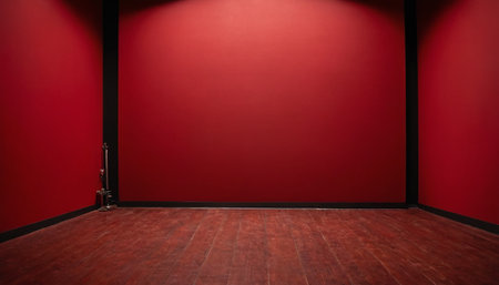Empty room with red wall and wooden floor, 3d render.の素材