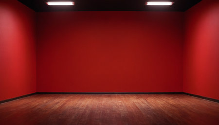 Empty room with red wall and wooden floor. Mock up, 3D Renderingの素材