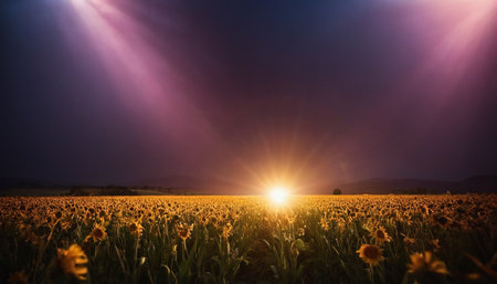 Sunset over sunflowers field with rays of light coming throughの素材