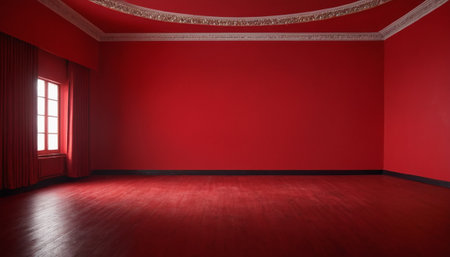 Empty room with red walls and floor, 3d rendering. Computer digital drawing.の素材