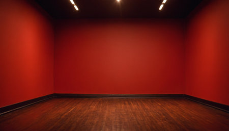 Empty room with red wall and wooden floor. Red wall background.の素材