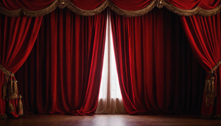 Open red velvet curtain with light from the window. 3d renderingの素材