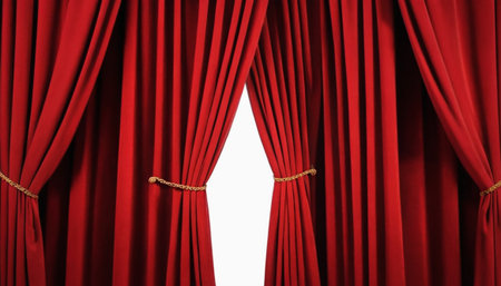 Open red stage curtain isolated on white background. 3d illustration.の素材