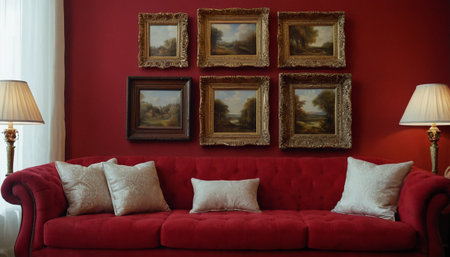 Red sofa with pillows and picture frames on wall in living roomの素材