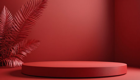 3d render of red podium with palm leaves on red background.の素材