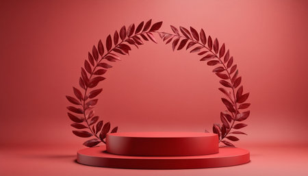 3d render of red podium with leaves on red background. Minimal scene.の素材
