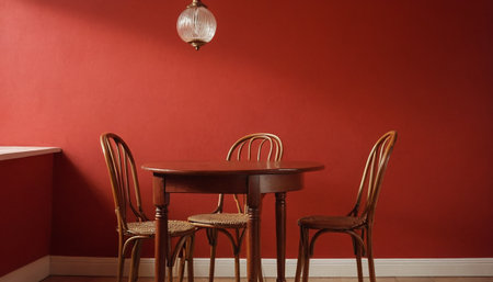 Table and chairs in a room with a red wall and a lampの素材