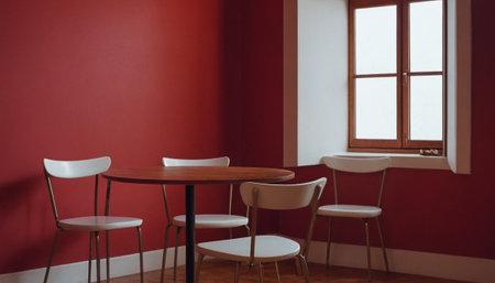 Interior of a cafe with red walls and white chairs. 3d renderingの素材
