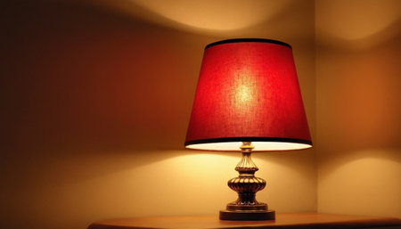 Red lamp on a table in a room with a lighted wallの素材