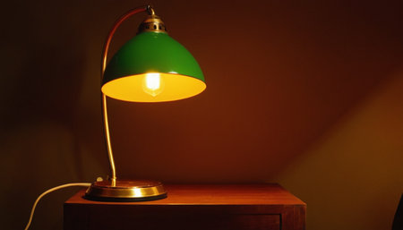 Lamp on a wooden table in a dark room with a red wallの素材