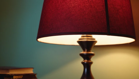 Lamp and books on the table in the living room at nightの素材
