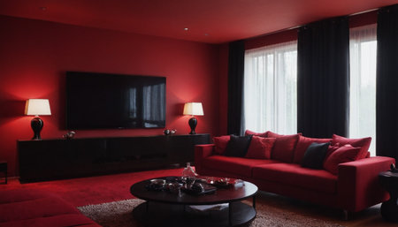 Interior of modern living room with red sofa and black TV.の素材