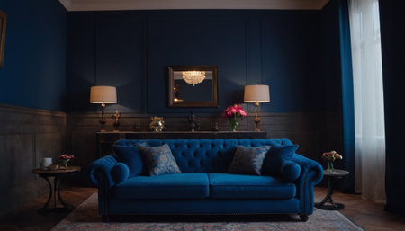 Interior of classic living room with blue walls and blue sofa.の素材