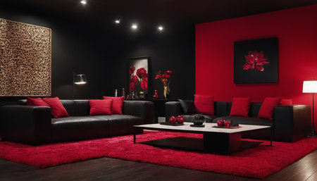 Interior of modern living room with red sofa and black armchairsの素材